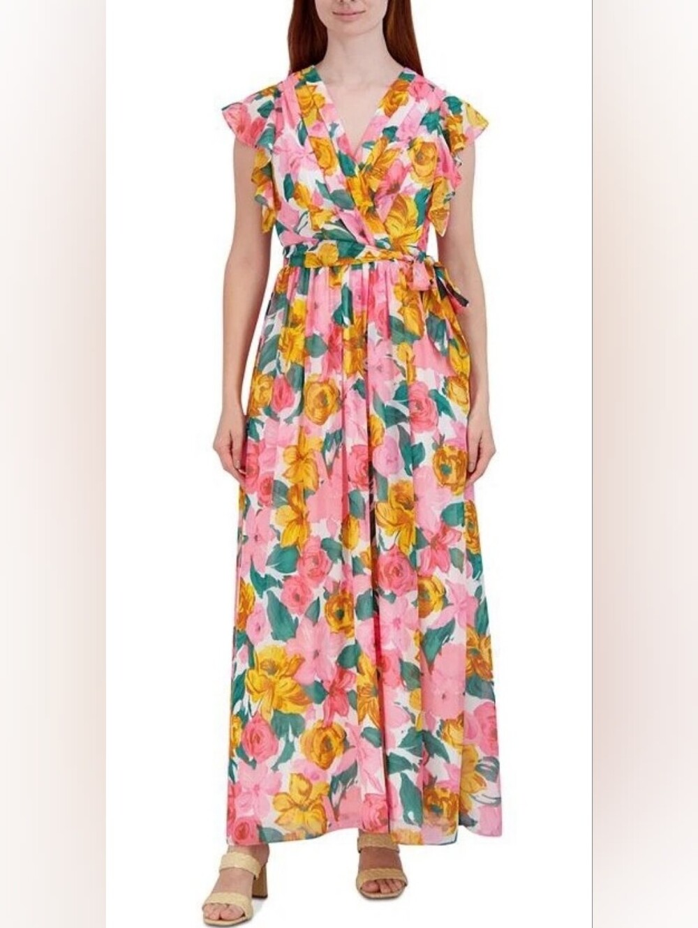 Pink Floral Wrap Chiffon Flutter Sleeve Lined Maxi Dress NWT Misses Size 8